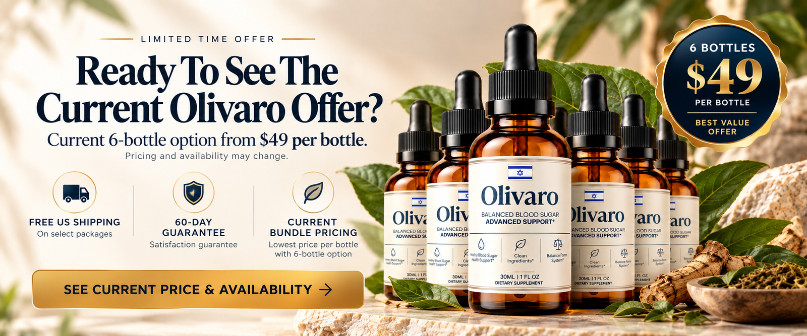 Current Olivaro offer: 6 bottles from $49 per bottle, 60-day guarantee, free US shipping on select packages