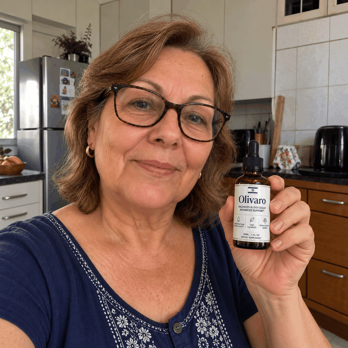 Woman holding Olivaro liquid supplement bottle